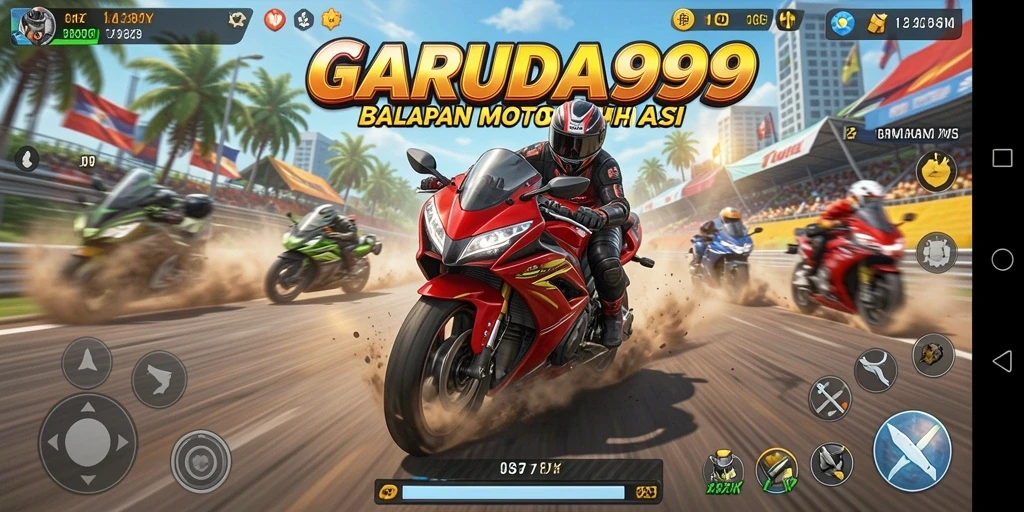 Tangkapan layar menunjukkan aksi balapan motor yang mendebarkan di GARUDA999.