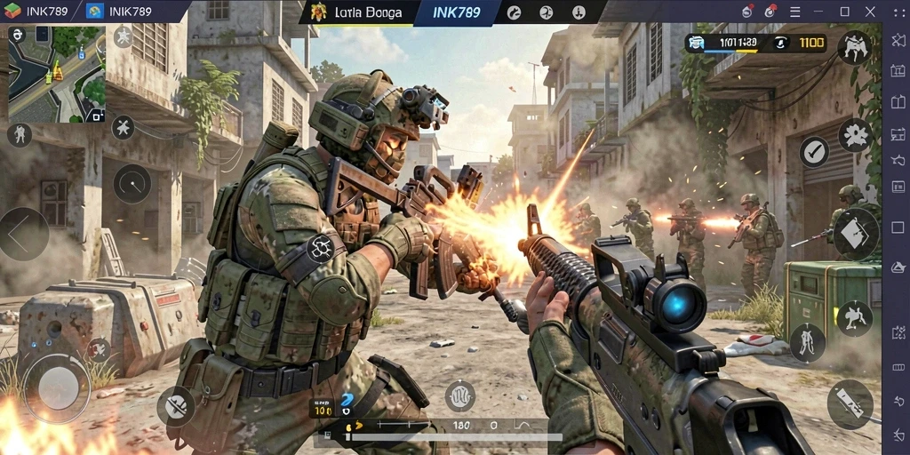 Tampilan gameplay mendebarkan dari INK789 dalam pertarungan FPS.