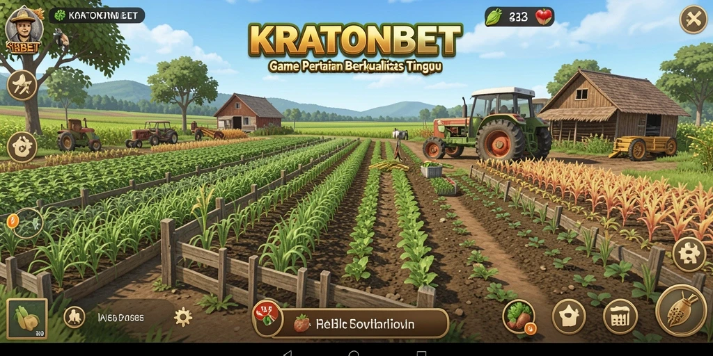 Screenshot KRATONBET menampilkan aksi pertanian yang seru dan interaksi sosial.