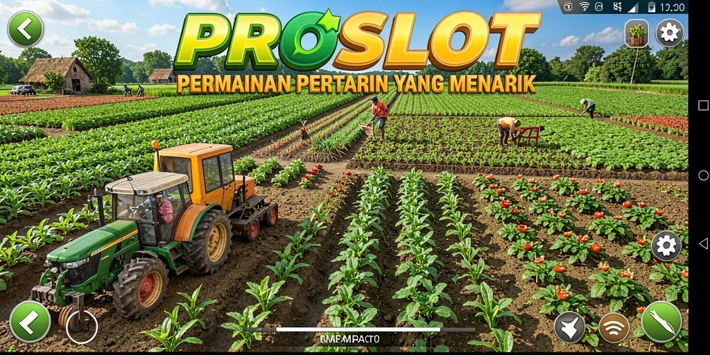 Screenshot gameplay PROSLOT menampilkan ladang hijau yang subur dan beragam aktivitas bertani.
