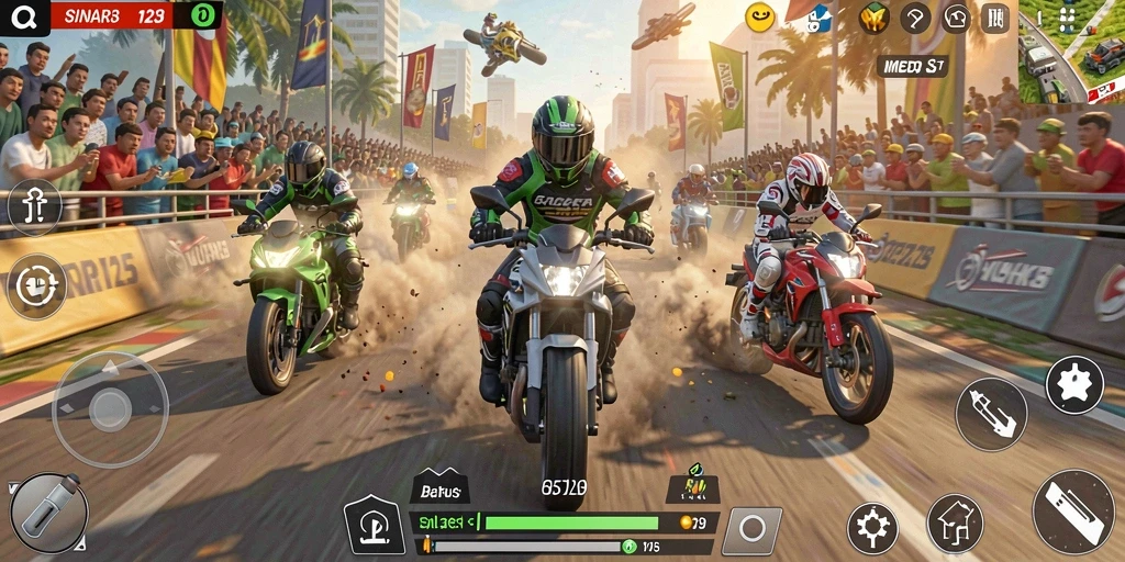 Gameplay mendebarkan dalam SINAR123 menunjukkan kecepatan dan aksi balapan motor.